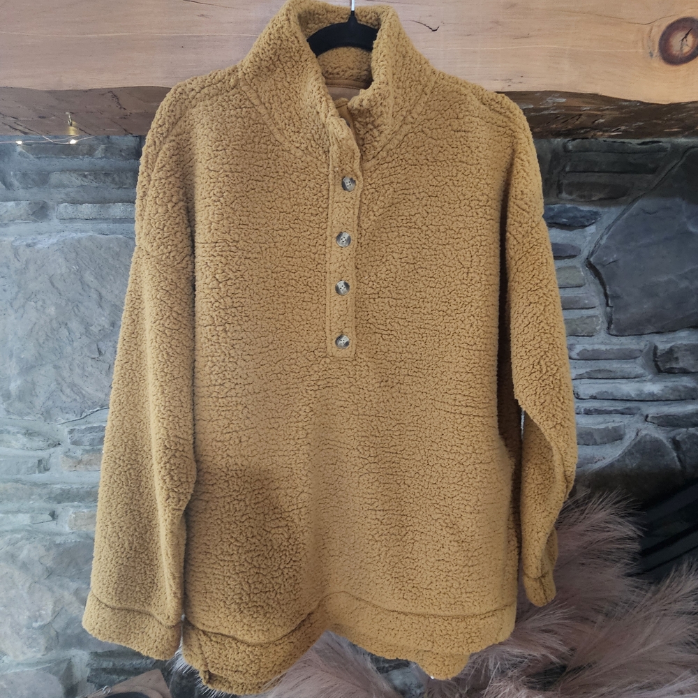 Aerie Womans Button-Up Sweater in Warm Mustard